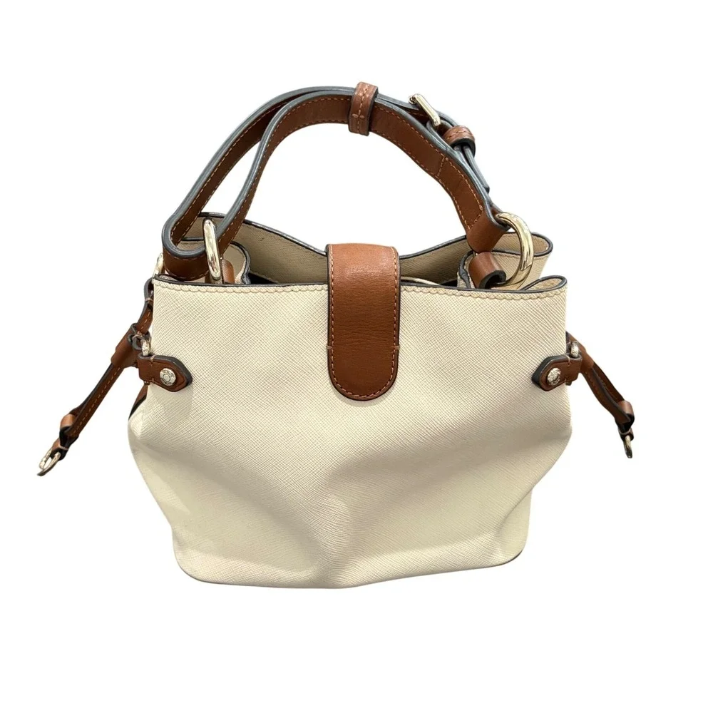 Tumi Villa Bucket Bag Womens Small Cream Brown Saffiano Leather Handbag Preppy
